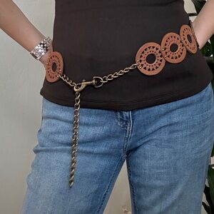 Boho Western Wide Hip Belt Faux Leather Cutout Studded Belt Cognac Cowgirl